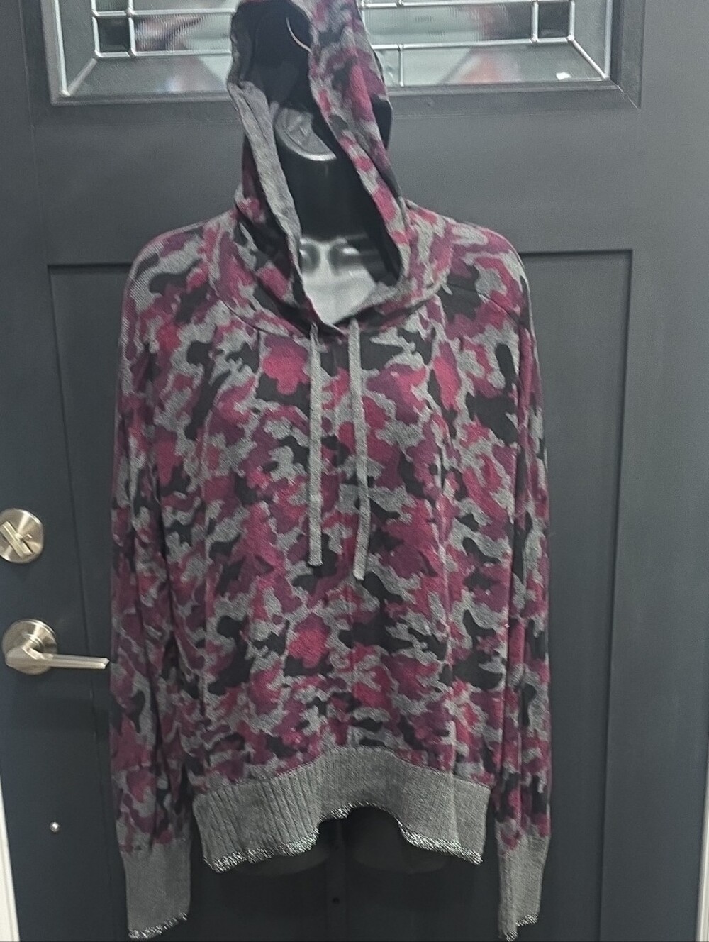 Central Park West Gray and Purple Camo Hooded Knit Sweater Sz L